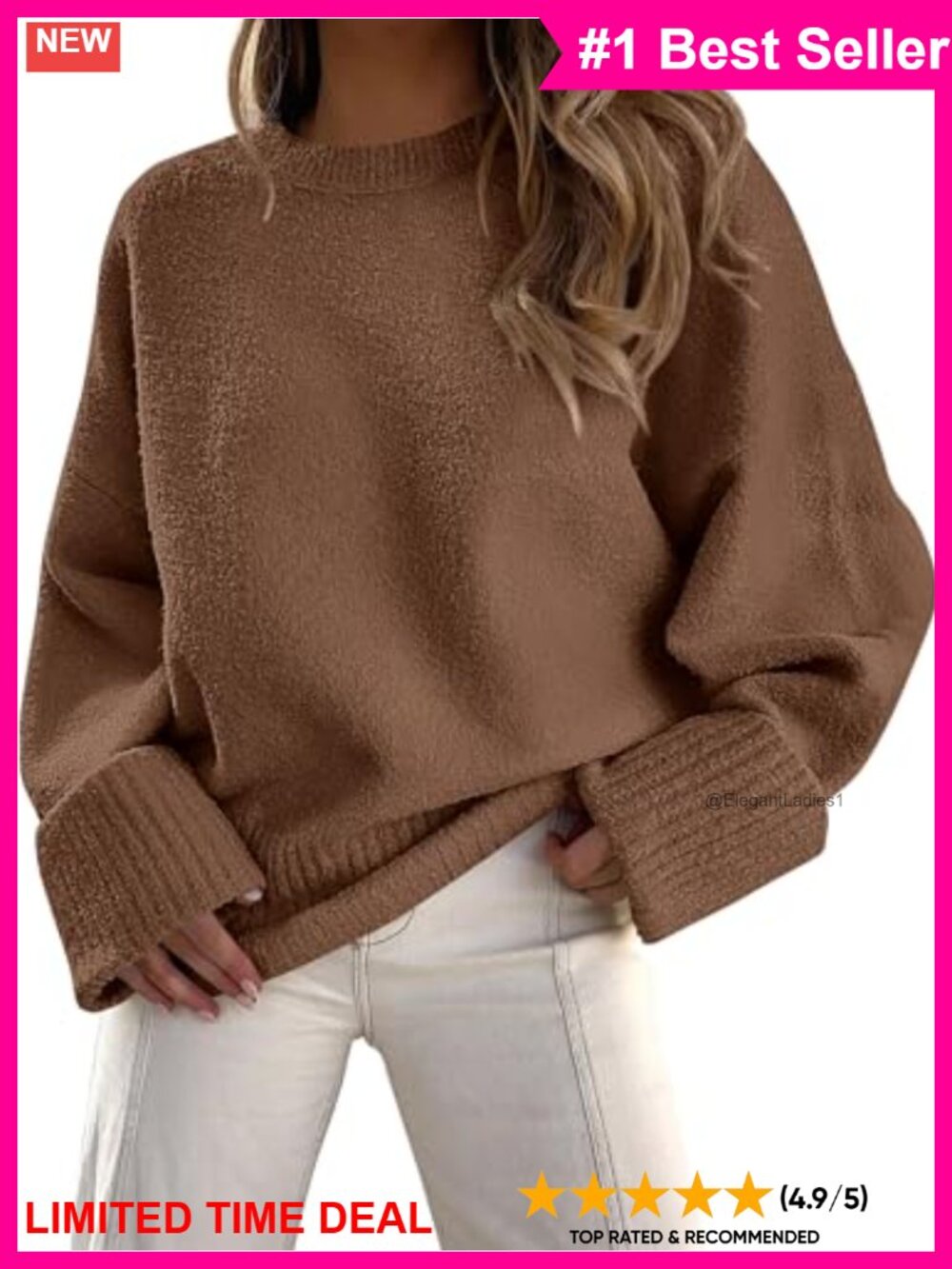 Fuzzy Oversized Crewneck Pullover Sweater Soft Cozy Women's Long Sleeve